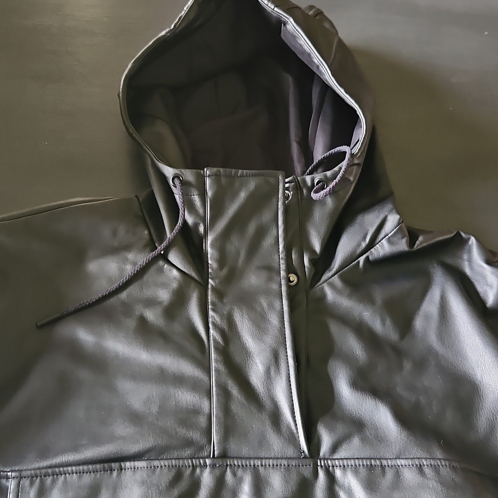 Black Hooded Faux Leather Jacket/ Sweater - Picture 4 of 7